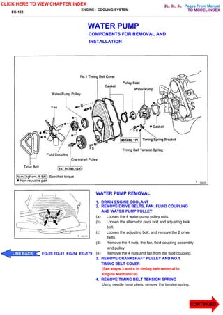 Pages From Manual
EG-162
ENGINE - COOLING SYSTEM
WATER PUMP
COMPONENTS FOR REMOVAL AND
INSTALLATION
WATER PUMP REMOVAL
1. DRAIN ENGINE COOLANT
2. REMOVE DRIVE BELTS, FAN. FLUID COUPLING
AND WATER PUMP PULLEY
(a) Loosen the 4 water pump pulley nuts.
(b) Loosen the alternator pivot bolt and adjusting lock
bolt.
(c) Loosen the adjusting bolt, and remove the 2 drive
belts.
(d) Remove the 4 nuts, the fan, fluid coupling assembly
and pulley.
(e) Remove the 4 nuts and fan from the fluid coupling.
3. REMOVE CRANKSHAFT PULLEY AND NO.1
TIMING BELT COVER
(See steps 3 and 4 in timing belt removal in
Engine Mechanical)
4. REMOVE TIMING BELT TENSION SPRING
Using needle nose pliers, remove the tension spring.
CLICK HERE TO VIEW CHAPTER INDEX
CONTINUED
LINK BACK EG-20 EG-31 EG-54 EG-179
TO MODEL INDEX
2L, 3L, 5L
 