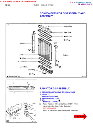 Pages From Manual
EG-168 ENGINE - COOLING SYSTEM
COMPONENTS FOR DISASSEMBLY AND
ASSEMBLY
1. REMOVE RADIATOR CAP OR INSULATORS
2. LJ and LY:
CONTINUED
TO MODEL INDEX
RADIATOR DISASSEMBLY
REMOVE SUPPORTS
4. LY:
3. REMOVE DRAIN PLUG
REMOVE TANK PLATE
(a) Raise the claws of the tank plates with SST in the
numerical order shown in the illustration.
SST 09230-00010
NOTICE: Be careful not to damage the core plate.
CLICK HERE TO VIEW CHAPTER INDEX 2L,3L,5L
 