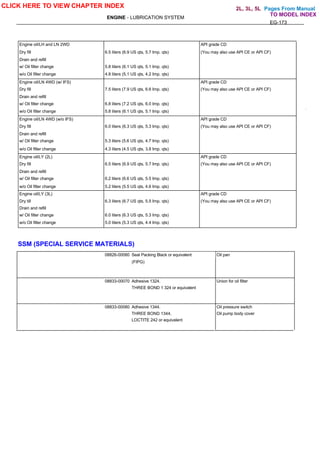 Pages From Manual
ENGINE - LUBRICATION SYSTEM
EG-173
.
Engine oil/LH and LN 2WD API grade CD
Dry fill 6.5 liters (6.9 US qts, 5.7 Imp. qts) (You may also use API CE or API CF)
Drain and refill
w/ Oil filter change 5.8 liters (6.1 US qts, 5.1 Imp. qts)
w/o Oil filter change 4.8 liters (5.1 US qts, 4.2 Imp. qts)
Engine oil/LN 4WD (w/ IFS) API grade CD
Dry fill 7.5 liters (7.9 US qts, 6.6 Imp. qts) (You may also use API CE or API CF)
Drain and refill
w/ Oil filter change 6.8 liters (7.2 US qts, 6.0 Imp. qts)
w/o Oil filter change 5.8 liters (6.1 US qts, 5.1 Imp. qts)
Engine oil/LN 4WD (w/o IFS) API grade CD
Dry fill 6.0 liters (6.3 US qts, 5.3 Imp. qts) (You may also use API CE or API CF)
Drain and refill
w/ Oil filter change 5.3 liters (5.6 US qts, 4.7 Imp. qts)
w/o Oil filter change 4.3 liters (4.5 US qts, 3.8 Imp. qts)
Engine oil/LY (2L) API grade CD
Dry fill 6.5 liters (6.9 US qts, 5.7 Imp. qts) (You may also use API CE or API CF)
Drain and refill
w/ Oil filter change 6.2 liters (6.6 US qts, 5.5 Imp. qts)
w/o Oil filter change 5.2 liters (5.5 US qts, 4.6 Imp. qts)
Engine oil/LY (3L) API grade CD
Dry till 6.3 liters (6.7 US qts, 5.5 Imp. qts) (You may also use API CE or API CF)
Drain and refill
w/ Oil filter change 6.0 liters (6.3 US qts, 5.3 Imp. qts)
w/o Oil filter change 5.0 liters (5.3 US qts, 4.4 Imp. qts)
SSM (SPECIAL SERVICE MATERIALS)
08826-00080 Seal Packing Black or equivalent Oil pan
(FIPG)
08833-00070 Adhesive 1324. Union for oil filter
THREE BOND 1 324 or equivalent
08833-00080 Adhesive 1344. Oil pressure switch
THREE BOND 1344, Oil pump body cover
LOCTITE 242 or equivalent
CLICK HERE TO VIEW CHAPTER INDEX
TO MODEL INDEX
2L, 3L, 5L
 