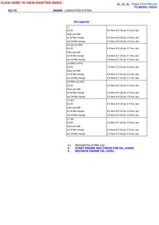 Pages From Manual
EG-176 ENGINE - LUBRICATION SYSTEM
Oil capacity:
LJ
Dry fill 6.0 liters (6.3 US qts, 5.3 Imp. qts)
Drain and refill
w/ Oil filter change 5.5 liters (5.8 US qts, 4.8 Imp. qts)
w/o Oil filter change 4.5 liters (4.8 US qts, 4.0 Imp. qts)
LH and LN 2WD
Dry fill 6.5 liters (6.9 US qts, 5.7 Imp. qts)
Drain and refill
w/ Oil filter change 5.8 liters (6.1 US qts, 5.1 Imp. qts)
w/o Oil filter change 4.8 liters (5.1 US qts, 4.2 Imp. qts)
LN 4WD (w/ IFS)
Dry fill 7.5 liters (7.9 US qts, 6.6 Imp. qts)
Drain and refill
w/ Oil filter change 6.8 liters (7.2 US qts, 6.0 Imp. qts)
w/o Oil filter change 5.8 liters (6.1 US qts, 5.1 Imp. qts)
LN 4WD (w/o IFS)
Dry till 6.0 liters (6.3 US qts, 5.3 Imp. qts)
Drain and refill
w/ Oil filter change 5.3 liters (5.6 US qts, 4.7 Imp, qts)
w/o Oil filter change 4.3 liters (4.5 US qts, 3.8 Imp. qts)
LY (2L)
Dry fill 6.5 liters (6.9 US qts, 5.7 Imp. qts)
Drain and refill
w/ Oil filter change 6.2 liters (6.6 US qts, 5.5 Imp. qts)
w/o Oil filter change 5.2 liters (5.5 US qts, 4.6 Imp. qts)
LY (3D
Dry fill 6.3 liters (6.7 US qts, 5.5 Imp. qts)
Drain and refill
w/ Oil filter change 6.0 liters (6.3 US qts, 5.3 Imp. qts)
w/o Oil filter change 5.0 liters (5.3 US qts, 4.4 Imp. qts)
(c) Reinstall the oil filler cap.
4. START ENGINE AND CHECK FOR OIL LEAKS
5. RECHECK ENGINE OIL LEVEL
CLICK HERE TO VIEW CHAPTER INDEX
TO MODEL INDEX
2L, 3L, 5L
 