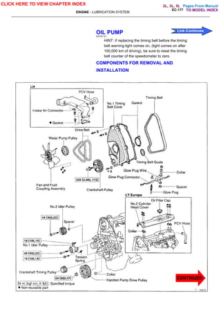 Pages From Manual
ENGINE - LUBRICATION SYSTEM
EC-177
OIL PUMP
EG7AT-01
HINT: if replacing the timing belt before the timing
belt warning light comes on, (light comes on after
100,000 km of driving), be sure to reset the timing
belt counter of the speedometer to zero.
COMPONENTS FOR REMOVAL AND
INSTALLATION
CLICK HERE TO VIEW CHAPTER INDEX
CONTINUED
Link Continues
TO MODEL INDEX
2L, 3L, 5L
 