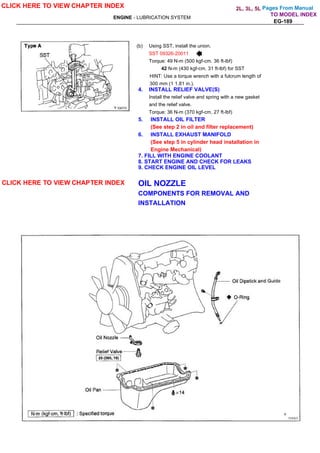 Pages From Manual
ENGINE - LUBRICATION SYSTEM
EG-189
(b) Using SST, install the union.
SST 09326-20011
Torque: 49 N-m (500 kgf-cm. 36 ft-lbf)
42 N-m (430 kgf-cm. 31 ft-lbf) for SST
HINT: Use a torque wrench with a fulcrum length of
300 mm (1 1.81 in.).
4. INSTALL RELIEF VALVE(S)
Install the relief valve and spring with a new gasket
and the relief valve.
Torque: 36 N-m (370 kgf-cm, 27 ft-lbf)
5. INSTALL OIL FILTER
(See step 2 in oil and filter replacement)
6. INSTALL EXHAUST MANIFOLD
(See step 5 in cylinder head installation in
Engine Mechanical)
7. FILL WITH ENGINE COOLANT
8. START ENGINE AND CHECK FOR LEAKS
9. CHECK ENGINE OIL LEVEL
OIL NOZZLE
COMPONENTS FOR REMOVAL AND
INSTALLATION
CLICK HERE TO VIEW CHAPTER INDEX
CLICK HERE TO VIEW CHAPTER INDEX
TO MODEL INDEX
2L, 3L, 5L
 