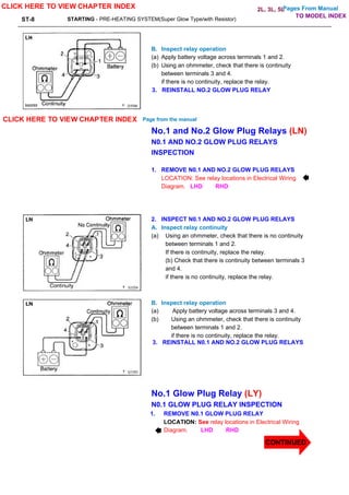 Pages From Manual
ST-8 STARTING - PRE-HEATING SYSTEM(Super Glow Type/with Resistor)
B. Inspect relay operation
(a) Apply battery voltage across terminals 1 and 2.
(b) Using an ohmmeter, check that there is continuity
between terminals 3 and 4.
if there is no continuity, replace the relay.
3. REINSTALL NO.2 GLOW PLUG RELAY
No.1 and No.2 Glow Plug Relays (LN)
N0.1 AND NO.2 GLOW PLUG RELAYS
INSPECTION
1. REMOVE N0.1 AND NO.2 GLOW PLUG RELAYS
LOCATION: See relay locations in Electrical Wiring
Diagram. LHD RHD
2. INSPECT N0.1 AND NO.2 GLOW PLUG RELAYS
A. Inspect relay continuity
(a) Using an ohmmeter, check that there is no continuity
between terminals 1 and 2.
If there is continuity, replace the relay.
(b) Check that there is continuity between terminals 3
and 4.
if there is no continuity, replace the relay.
B. Inspect relay operation
(a) Apply battery voltage across terminals 3 and 4.
(b) Using an ohmmeter, check that there is continuity
between terminals 1 and 2.
if there is no continuity, replace the relay.
3. REINSTALL N0.1 AND NO.2 GLOW PLUG RELAYS
No.1 Glow Plug Relay (LY)
N0.1 GLOW PLUG RELAY INSPECTION
1. REMOVE N0.1 GLOW PLUG RELAY
LOCATION: See relay locations in Electrical Wiring
Diagram. LHD RHD
CLICK HERE TO VIEW CHAPTER INDEX
CLICK HERE TO VIEW CHAPTER INDEX Page from the manual
TO MODEL INDEX
2L, 3L, 5L
CONTINUED
 
