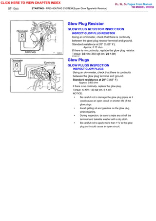 Pages From Manual
ST-10(a) STARTING - PRE-HEATING SYSTEM(Super Glow Type/with Resistor)
Glow Plug Resistor
GLOW PLUG RESISTOR INSPECTION
INSPECT GLOW PLUG RESISTOR
Using an ohmmeter, check that there is continuity
between the glow plug resistor terminal and ground.
Standard resistance at 20° C (68° F):
Approx. 0.17 ohm
If there is no continuity, replace the glow plug resistor.
Torque: 34 Nm (350 kgf-cm, 25 ft-lbf)
STOAY-07
Glow Plugs
GLOW PLUGS INSPECTION
INSPECT GLOW PLUGS
Using an ohmmeter, check that there is continuity
between the glow plug terminal and ground.
Standard resistance at 20° C (68° F):
Approx. 0.65 ohm
if there is no continuity, replace the glow plug.
Torque: 13 Nm (130 kgf-cm. 9 ft-lbf)
NOTICE:
• Be careful not to damage the glow plug pipes as it
could cause an open circuit or shorten life of the
glow plugs.
• Avoid getting oil and gasoline on the glow plug
when cleaning.
• During inspection, be sure to wipe any oil off the
terminal and bakelite washer with a dry cloth.
• Be careful not to apply more than 11V to the glow
plug as it could cause an open circuit.
CLICK HERE TO VIEW CHAPTER INDEX
TO MODEL INDEX
2L, 3L, 5L
 