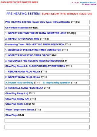 Pages From Manual
PRE-HEATING STSTEM ( SUPER GLOW TYPE WITHOUT RESISTOR)
CLICK HERE TO VIEW CHAPTER INDEX
PRE -HEATING SYSTEM (Super Glow Type / without Resistor ST-10(b)
On Vehicle Inspection ST-10(b)
1. INSPECT LIGHTING TIME OF GLOW INDICATOR LIGHT ST-10(b)
2. INSPECT AFTER GLOW TIME ST-10(b)
Pre-Heating Timer PRE- HEAT ING TIMER INSPECTION ST-11
1. DISCONNECT PRE-HEATING TIMER CONNECTOR ST-11
2. INSPECT PRE-HEATING TIMER CIRCUIT ST-11
3. RECONNECT PRE-HEATING TIMER CONNECTOR ST-11
Glow Plug Relay (LJ) GLOW PLUG RELAY INSPECTION ST-11
1. REMOVE GLOW PLUG RELAY ST-11
2. INSPECT GLOW PLUG RELAY ST-11
A. Inspect relay continuity ST-11 B. Inspect relay operation ST-12
3. REINSTALL GLOW PLUG RELAY ST-12
Glow Plug Relay (LH) ST-12
Glow Plug Realay (LN) ST-12
Glow Plug Realy (LY) ST-12
Water Temperature Sensor ST-12
Glow Plugs ST-12
TO MODEL INDEX
2L, 3L, 5L
 