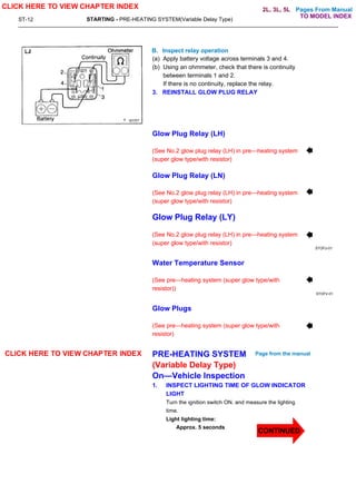 Pages From Manual
ST-12 STARTING - PRE-HEATING SYSTEM(Variable Delay Type)
B. Inspect relay operation
(a) Apply battery voltage across terminals 3 and 4.
(b) Using an ohmmeter, check that there is continuity
between terminals 1 and 2.
If there is no continuity, replace the relay.
3. REINSTALL GLOW PLUG RELAY
Glow Plug Relay (LH)
(See No.2 glow plug relay (LH) in pre—heating system
(super glow type/with resistor)
Glow Plug Relay (LN)
(See No.2 glow plug relay (LH) in pre—heating system
(super glow type/with resistor)
Glow Plug Relay (LY)
(See No.2 glow plug relay (LH) in pre—heating system
(super glow type/with resistor)
STOFU-01
Water Temperature Sensor
(See pre—heating system (super glow type/with
resistor))
STOFV-01
Glow Plugs
(See pre—heating system (super glow type/with
resistor)
PRE-HEATING SYSTEM
(Variable Delay Type)
On—Vehicle Inspection
1. INSPECT LIGHTING TIME OF GLOW INDICATOR
LIGHT
Turn the ignition switch ON. and measure the lighting
time.
Light lighting time:
Approx. 5 seconds
CLICK HERE TO VIEW CHAPTER INDEX
CONTINUED
CLICK HERE TO VIEW CHAPTER INDEX Page from the manual
TO MODEL INDEX
2L, 3L, 5L
 