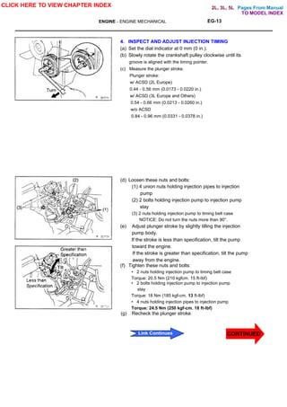 Pages From Manual
EG-13
ENGINE - ENGINE MECHANICAL
4. INSPECT AND ADJUST INJECTION TIMING
(a) Set the dial indicator at 0 mm (0 in.).
(b) Slowly rotate the crankshaft pulley clockwise until its
groove is aligned with the timing pointer.
(c) Measure the plunger stroke.
Plunger stroke:
w/ ACSD (2L Europe)
0.44 - 0.56 mm (0.0173 - 0.0220 in.)
w/ ACSD (3L Europe and Others)
0.54 - 0.66 mm (0.0213 - 0.0260 in.)
w/o ACSD
0.84 - 0.96 mm (0.0331 - 0.0378 in.)
(d) Loosen these nuts and bolts:
(1) 4 union nuts holding injection pipes to injection
pump
(2) 2 bolts holding injection pump to injection pump
stay
(3) 2 nuts holding injection pump to timing belt case
NOTICE: Do not turn the nuts more than 90°.
(e) Adjust plunger stroke by slightly tilling the injection
pump body.
If the stroke is less than specification, tilt the pump
toward the engine.
If the stroke is greater than specification, tilt the pump
away from the engine.
(f) Tighten these nuts and bolts:
• 2 nuts holding injection pump to timing belt case
Torque: 20.5 Nm (210 kgfcm. 15 ft-Ibf)
• 2 bolts holding injection pump to injection pump
stay
Torque: 18 Nm (185 kgf-cm. 13 ft-lbf)
• 4 nuts holding injection pipes to injection pump
Torque: 24.5 Nm (250 kgf-cm. 18 ft-lbf)
(g) Recheck the plunger stroke.
CLICK HERE TO VIEW CHAPTER INDEX
CONTINUED
Link Continues
TO MODEL INDEX
2L, 3L, 5L
 