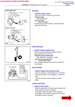 Pages From Manual
STARTING - STARTER(2.0 kW for LN Thailand) ST-19
Brushes
INSPECT BRUSH LENGTH
Using vernier calipers, measure the brush length.
Standard length:
15.0 mm (0.591 in.)
Minimum length:
10.0 mm (0.394 in.)
If the length is less than minimum, replace the brush
holder and field frame.
Brush Springs
INSPECT BRUSH SPRING LOAD
Take the pull scale reading the instant the brush
spring separates from the brush.
Standard spring installed load:
26.5 - 32.3 N (2.7 - 3.3 kgf. 6.0 - 7.3 lbf)
Minimum spring installed load:
17.6 N (1.8 kgf. 4.0 lbf)
If the installed load is less than minimum replace the
brush springs.
Brush Holder
INSPECT BRUSH HOLDER INSULATION
Using an ohmmeter, check that there is no continuity
between the positive (+) and negative (—) brush hol-
ders.
If there is continuity, repair or replace the brush
holder.
Clutch and Gears
1. INSPECT GEAR TEETH
Check the gear teeth on the pinion gear, idle gear and
clutch assembly for wear or damage.
If damaged, replace the gear or clutch assembly.
If damaged, also check the ring gear of the flywheel/
drive plate for wear or damage.
CLICK HERE TO VIEW CHAPTER INDEX
TO MODEL INDEX
2L, 3L, 5L
CONTINUED
 