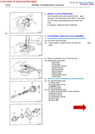 Pages From Manual
ST-20 STARTING - STARTER(2.0 kW for LN Thailand)
2. INSPECT CLUTCH PINION GEAR
Hold the starter clutch and rotate the pinion gear
clockwise, and check that it turns freely. Try to rotate
the pinion gear counterclockwise and check that it
locks.
If necessary, replace the clutch assembly.
3. IF NECESSARY, REPLACE CLUTCH ASSEMBLY
A. Disassemble starter housing and clutch assembly
(a) Push down the pinion gear.
(b) Using a plastic—faced hammer, tap down the stop
collar.
(c) Using a screwdriver, pry out the snap ring.
(d) Disassembly these parts:
• Stop collar
• Pinion gear
• Compression spring
• Starter housing
• Bearing retainer
• Spring retainer
• Starter clutch
• Compression spring
• Clutch shaft
B. Assemble starter housing and clutch assembly
(a) 1st, assemble these parts:
(1) Clutch shaft
(2) Compression spring
(3) Starter clutch
(4) Spring retainer
(b) 2nd, assemble these parts:
(1) Clutch shaft and starter clutch assembly
(2) Bearing retainer
(3) Starter housing
(4) Compression spring
(5) Pinion gear
(6) Stop collar
ST
CLICK HERE TO VIEW CHAPTER INDEX
CONTINUED
TO MODEL INDEX
2L, 3L, 5L
 