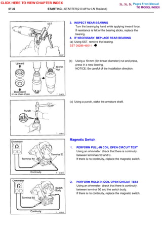 Pages From Manual
ST-22 STARTING - STARTER(2.0 kW for LN Thailand)
3. INSPECT REAR BEARING
Turn the bearing by hand while applying inward force.
If resistance is felt or the bearing sticks, replace the
bearing.
4. IF NECESSARY, REPLACE REAR BEARING
(a) Using SST. remove the bearing.
SST 09286-46011
(b) Using a 10 mm (for thread diameter) nut and press,
press in a new bearing.
NOTICE: Be careful of the installation direction.
(c) Using a punch, stake the armature shaft.
Magnetic Switch
1. PERFORM PULL-IN COIL OPEN CIRCUIT TEST
Using an ohmmeter. check that there is continuity
between terminals 50 and C.
If there is no continuity, replace the magnetic switch.
2. PERFORM HOLD-IN COIL OPEN CIRCUIT TEST
Using an ohmmeter, check that there is continuity
between terminal 50 and the switch body.
If there is no continuity, replace the magnetic switch.
CLICK HERE TO VIEW CHAPTER INDEX
TO MODEL INDEX
2L, 3L, 5L
 