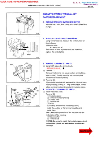 Pages From Manual
STARTING - STARTER(2.0 kW for LN Thailand)
ST-23
MAGNETIC SWITCH TERMINAL KIT
PARTS REPLACEMENT
1. REMOVE MAGNETIC SWITCH END COVER
Remove the 3 bolts, lead clamp, end cover, gasket and
plunger.
2. INSPECT CONTACT PLATE FOR WEAR
Using vernier calipers, measure the contact plate for
depth of wear.
Maximum wear:
0.9 mm (0.035 in.)
If the depth of wear is greater than the maximum,
replace the contact plate.
3. REMOVE TERMINAL KIT PARTS
(a) Using SST. loosen the terminal nuts.
SST 09810-38140
(b) Terminal C:
Remove the terminal nut. wave washer, terminal insu-
lator (outside). 0—ring. terminal bolt, contact plate
and terminal insulator (inside).
(c) Terminal 30:
Remove the terminal nut. wave washer, terminal insu-
lator (outside), packing. 0—ring, terminal bolt, contact
plate, terminal insulator (inside) and insulation paper.
4. REINSTALL TERMINAL KIT PARTS
(a) Install these new parts:
Terminal 30:
(1) Insulation paper
(2) Terminal insulator (inside)
(3) Contact plate
(4) Terminal bolt
(5) 0-ring
(6) Packing and terminal insulator (outside)
Install the packing to the terminal insulator, and
install them.
HINT: Match the protrusion of the insulator with the
indentation of the housing.
(7) Wave washer
(8) Terminal nut
NOTICE: Be careful to install the insulation paper, termi-
nal insulator (inside) and wave washer in the correct
direction.
CLICK HERE TO VIEW CHAPTER INDEX
CONTINUED
TO MODEL INDEX
2L, 3L, 5L
 