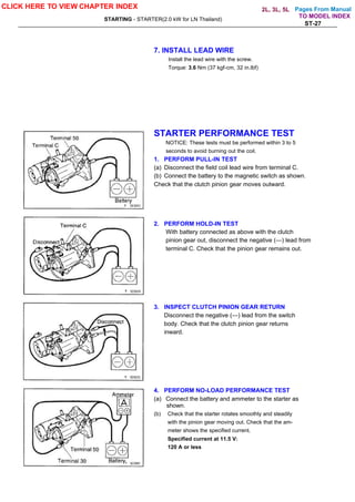 Pages From Manual
STARTING - STARTER(2.0 kW for LN Thailand)
ST-27
7. INSTALL LEAD WIRE
Install the lead wire with the screw.
Torque: 3.6 Nm (37 kgf-cm, 32 in.lbf)
STARTER PERFORMANCE TEST
NOTICE: These tests must be performed within 3 to 5
seconds to avoid burning out the coil.
1. PERFORM PULL-IN TEST
(a) Disconnect the field coil lead wire from terminal C.
(b) Connect the battery to the magnetic switch as shown.
Check that the clutch pinion gear moves outward.
2. PERFORM HOLD-IN TEST
With battery connected as above with the clutch
pinion gear out, disconnect the negative (—) lead from
terminal C. Check that the pinion gear remains out.
3. INSPECT CLUTCH PINION GEAR RETURN
Disconnect the negative (—) lead from the switch
body. Check that the clutch pinion gear returns
inward.
4. PERFORM NO-LOAD PERFORMANCE TEST
(a) Connect the battery and ammeter to the starter as
shown.
(b) Check that the starter rotates smoothly and steadily
with the pinion gear moving out. Check that the am-
meter shows the specified current.
Specified current at 11.5 V:
120 A or less
CLICK HERE TO VIEW CHAPTER INDEX
TO MODEL INDEX
2L, 3L, 5L
 