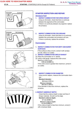Pages From Manual
ST-30 STARTING - STARTER(2.0 kW for Except LN Thailand)
STARTER INSPECTION AND REPAIR
Armature Coil
1. INSPECT COMMUTATOR FOR OPEN CIRCUIT
Using an ohmmeter, check that there is continuity
between the segments of the commutator.
If there is no continuity between any segment, replace
the armature.
2. INSPECT COMMUTATOR FOR GROUND
Using an ohmmeter. check that there is no continuity
between the commutator and armature coil core.
If there is continuity, replace the armature.
Commutator
1. INSPECT COMMUTATOR FOR DIRTY AND BURNT
SURFACES
If the surface is dirty or burnt, correct it with sandpa-
per (No. 400) or on a lathe.
2. INSPECT COMMUTATOR CIRCLE RUNOUT
(a) Place the commutator on V—blocks.
(b) Using a dial gauge, measure the circle runout.
Maximum circle runout:
0.05 mm (0.0020 in.)
If the circle runout is greater than maximum, correct it
on a lathe.
3. INSPECT COMMUTATOR DIAMETER
Using vernier calipers, measure the commutator diam-
eter.
Standard diameter:
35.0 mm (1.378 in.)
Minimum diameter:
34.0 mm (1.339 in.)
If the diameter is less than minimum, replace the
armature.
4. INSPECT UNDERCUT DEPTH
Check that the undercut depth is clean and free of
foreign materials. Smooth out the edge.
Standard undercut depth:
0.7 mm (0.028 in.)
Minimum undercut depth:
0.2 mm (0.008 in.)
If the undercut depth is less than minimum, correct it
with a hacksaw blade.
CLICK HERE TO VIEW CHAPTER INDEX
TO MODEL INDEX
2L, 3L, 5L
 