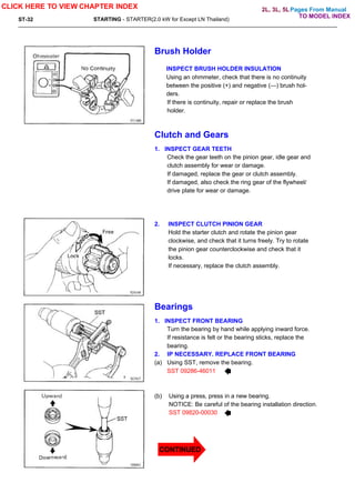 Pages From Manual
ST-32 STARTING - STARTER(2.0 kW for Except LN Thailand)
Brush Holder
INSPECT BRUSH HOLDER INSULATION
Using an ohmmeter, check that there is no continuity
between the positive (+) and negative (—) brush hol-
ders.
If there is continuity, repair or replace the brush
holder.
Clutch and Gears
1. INSPECT GEAR TEETH
Check the gear teeth on the pinion gear, idle gear and
clutch assembly for wear or damage.
If damaged, replace the gear or clutch assembly.
If damaged, also check the ring gear of the flywheel/
drive plate for wear or damage.
2. INSPECT CLUTCH PINION GEAR
Hold the starter clutch and rotate the pinion gear
clockwise, and check that it turns freely. Try to rotate
the pinion gear counterclockwise and check that it
locks.
If necessary, replace the clutch assembly.
Bearings
1. INSPECT FRONT BEARING
Turn the bearing by hand while applying inward force.
If resistance is felt or the bearing sticks, replace the
bearing.
2. IP NECESSARY. REPLACE FRONT BEARING
(a) Using SST, remove the bearing.
SST 09286-46011
(b) Using a press, press in a new bearing.
NOTICE: Be careful of the bearing installation direction.
SST 09820-00030
CLICK HERE TO VIEW CHAPTER INDEX
TO MODEL INDEX
2L, 3L, 5L
CONTINUED
 