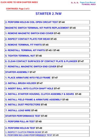 Pages From Manual
STARTER 2.7kW
CLICK HERE TO VIEW CHAPTER INDEX
2. PERFORM HOLD-IN COIL OPEN CIRCUIT TEST ST-44
MAGNETIC SWITCH TERMINAL KIT PARTS REPLACEMENT ST-45
1. REMOVE MAGNETIC SWITCH END COVER ST-45
2. INSPECT CONTACT PLATE FOR WEAR ST-45
3. REMOVE TERMINAL FIT PARTS ST-45
4. REINSTALL TERMINAL KIT PARTS ST-45 / ST-46
5. TIGHTEN TERMINAL NUT ST-46
6. CLEAN CONTACT SURFACES OF CONTACT PLATE & PLUNGER ST-47
7. REINSTALL MAGNETIC SWITCH END COVER ST-47
STARTER ASSEMBLY ST-47
1. PLACE ARMATURE INTO FIELD FRAME ST-47
2. INSTALL BRUSH HOLDER ST-47
3. INSERT BALL INTO CLUTCH SHAFT HOLE ST-47
4. INSTALL STARTER HOUSING, CLUTCH ASSEMBLY & GEARS ST-48
5. INSTALL FIELD FRAME & ARMATURE ASSEMBLY ST-48
6. INSTALL DUST PROTECTORS ST-48
7. INSTALL LEAD WIRE ST-48
STARTER PERFORMANCE TEST ST-49
1. PERFORM PULL-IN TEST ST-49
2. PERFORM HOLD-IN TEST ST-49
CONTINUED: Page 3 of 3
3. INSPECT CLUTCH PINION GEAR ST-49
4. PERFORM NO-LOAD PERFORMANCE TEST ST-49
TO MODEL INDEX
2L, 3L, 5L
 