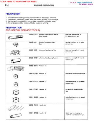 Pages From Manual
CH-2 CHARGING - PREPARATION
PRECAUTION
1. Check that the battery cables are connected to the correct terminals.
2. Disconnect the battery cables when the battery is given a quick charge.
3. Do not perform tests with a high voltage insulation resistance tester.
4. Never disconnect the battery while the engine is running.
PREPARATION
SST (SPECIAL SERVICE TOOLS)
CLICK HERE TO VIEW CHAPTER INDEX
TO MODEL INDEX
2L,3L,5L
 