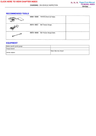 Pages From Manual
CHARGING - ON-VEHICLE INSPECTION
CH-3(a)
RECOMMENDED TOOLS
EQUIPMENT
Battery specific gravity gauge
Torque wrench
Rotor (Slip ring). Brush
Vernier calipers
CLICK HERE TO VIEW CHAPTER INDEX
TO MODEL INDEX
2L, 3L, 5L
 