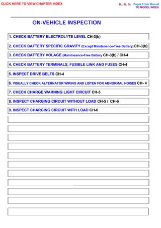 Pages From Manual
ON-VEHICLE INSPECTION
CLICK HERE TO VIEW CHAPTER INDEX
1. CHECK BATTERY ELECTROLYTE LEVEL CH-3(b)
2. CHECK BATTERY SPECIFIC GRAVITY (Except Maintenance-Tree Battery) CH-3(b)
3. CHECK BATTERY VOLAGE (Maintneance-Free Battery CH-3(b) / CH-4
4. CHECK BATTERY TERMINALS, FUSIBLE LINK AND FUSES CH-4
5. INSPECT DRIVE BELTS CH-4
6. VISUALLY CHECK ALTERNATOR WIRING AND LISTEN FOR ABNORMAL NOISES CH- 4
7. CHECK CHARGE WARNING LIGHT CIRCUIT CH-5
8. INSPECT CHARGING CIRCUIT WITHOUT LOAD CH-5 / CH-6
9. INSPECT CHARGING CIRCUIT WITH LOAD CH-6
TO MODEL INDEX
2L, 3L, 5L
 