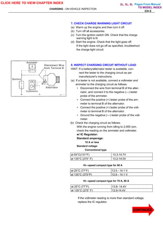 Pages From Manual
CHARGING - ON-VEHICLE INSPECTION
CH-5
7. CHECK CHARGE WARNING LIGHT CIRCUIT
(a) Warm up the engine and then turn it off.
(b) Turn off all accessories.
(c) Turn the ignition switch ON. Check that the charge
warning light is lit.
(d) Start the engine. Check that the light goes off.
If the light does not go off as specified, troubleshoot
the charge light circuit.
8. INSPECT CHARGING CIRCUIT WITHOUT LOAD
HINT: If a battery/alternator tester is available, con-
nect the tester to the charging circuit as per
manufacturer's instructions.
(a) If a tester is not available, connect a voltmeter and
ammeter to the charging circuit as follows:
• Disconnect the wire from terminal B of the alter-
nator, and connect it to the negative (—) tester
probe of the ammeter.
• Connect the positive (+) tester probe of the am-
meter to terminal B of the alternator.
• Connect the positive (+) tester probe of the volt-
meter to terminal B of the alternator.
• Ground the negative (—) tester probe of the volt-
meter.
(b) Check the charging circuit as follows:
With the engine running from idling to 2,000 rpm,
check the reading on the ammeter and voltmeter.
w/ IC Regulator:
Standard amperage:
10 A or less
Standard voltage:
Conventional type
at 55°C(131°F) 13.3-14.7V
at 135°C (275° F) 13.2-14.0V
Hi—speed compact type for 60 A
at 25°C (77°F) 13.5 - 14.1 V
at 135°C (275°P) 12.6 - 14.1 V
Hi—speed compact type for 70 A, 80 A
at 25°C (77°F) 13.8- 14.4V
at 135°C (275° F) 12.9-14.4V
If the voltmeter reading is more than standard voltage,
replace the IC regulator.
CLICK HERE TO VIEW CHAPTER INDEX
CONTINUED
TO MODEL INDEX
2L, 3L, 5L
 