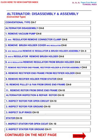 Pages From Manual
ALTERNATOR: DISASSEMBLY & ASSEMBLY
CLICK HERE TO VIEW CHAPTER INDEX
1. REMOVE VACUUM PUMP CH-8
2. W/IC REGULATOR REMOVE CONNECTOR CLAMP CH-8
3. REMOVE BRUSH HOLDER COVER W/IC REGULATOR CH-8
6. W/ IC REGULATOR REMOVE REGULATOR FROM BRUSH HOLDER CH-9
7. REMOVE RECTIFIER END FRAME, RECTIFIER HOLDER & STATOR ASSEMBLY CH-9
CLICK HERE TO VIEW CHAPTER INDEX
CONVENTIONAL TYPE CH-7
ALTERNATOR DISASSEMBLY CH-8
1. REMOVE VACUUM PUMP CH-8
2. W/IC REGULATOR REMOVE CONNECTOR CLAMP CH-8
3. REMOVE BRUSH HOLDER COVER W/IC REGULATOR CH-8
4. W/IC REGULATOR REMOVE IC REGULATOR & BRUSH HOLDER ASSEMBLY CH- 8
5. W/O IC REGULATOR REMOVE BRUSH HOLDER CH-8
6. W/ IC REGULATOR REMOVE REGULATOR FROM BRUSH HOLDER CH-9
7. REMOVE RECTIFIER END FRAME, RECTIFIER HOLDER & STATOR ASSEMBLY CH-9
8. REMOVE RECTIFIER END FRAME FROM RECTIFIER HOLDER CH-9
9. REMOVE RECIFIER HOLDER FROM STATOR CH-9
10. REMOVE PULLEY & FAN FROM DRIVE END FRAME CH-9
11. REMOVE ROTOR FROM DRIVE END FRAME CH-10
ALTERNATOR INSPECTION & REPAIR ROTOR CH-10
1. INSPECT ROTOR FOR OPEN CIRCUIT CH-10
2. INSPECT ROTOR FOR GROUND CH-10
3. INSPECT SLIP RINGS CH-10
STATOR CH-10
1. INSPECT STATOR FOR OPEN CICUIT CH- 10
2. INSPECT STATOR FOR GROUND CH-11
CONTINUED ON THE NEXT PAGE
(Convential Type)
TO MODEL INDEX
2L, 3L, 5L
CONTINUED
 