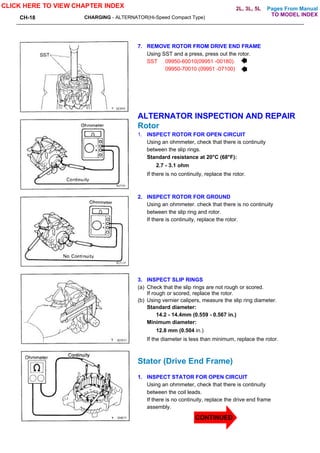 Pages From Manual
CH-18 CHARGING - ALTERNATOR(Hi-Speed Compact Type)
7. REMOVE ROTOR FROM DRIVE END FRAME
Using SST and a press, press out the rotor.
SST 09950-60010(09951 -00180).
09950-70010 (09951 -07100)
ALTERNATOR INSPECTION AND REPAIR
Rotor
1. INSPECT ROTOR FOR OPEN CIRCUIT
Using an ohmmeter, check that there is continuity
between the slip rings.
Standard resistance at 20°C (68°F):
2.7 - 3.1 ohm
If there is no continuity, replace the rotor.
2. INSPECT ROTOR FOR GROUND
Using an ohmmeter. check that there is no continuity
between the slip ring and rotor.
If there is continuity, replace the rotor.
3. INSPECT SLIP RINGS
(a) Check that the slip rings are not rough or scored.
If rough or scored, replace the rotor.
(b) Using vernier calipers, measure the slip ring diameter.
Standard diameter:
14.2 - 14.4mm (0.559 - 0.567 in.)
Minimum diameter:
12.8 mm (0.504 in.)
If the diameter is less than minimum, replace the rotor.
Stator (Drive End Frame)
1. INSPECT STATOR FOR OPEN CIRCUIT
Using an ohmmeter, check that there is continuity
between the coil leads.
If there is no continuity, replace the drive end frame
assembly.
CLICK HERE TO VIEW CHAPTER INDEX
TO MODEL INDEX
2L, 3L, 5L
CONTINUED
 