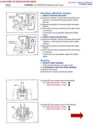 Pages From Manual
CH-20 CHARGING - ALTERNATOR(Hi-Speed Compact Type)
Rectifiers (Rectifier Holder)
1. INSPECT POSITIVE RECTIFIER
(a) Using an ohmmeter, connect one tester probe to the
positive (+) terminal and the other to each rectifier
terminal.
(b) Reverse the polarity of the tester probes and repeat
step (a).
(c) Check that one shows continuity and the other shows
no continuity.
If continuity is not as specified, replace the rectifier
holder.
2. INSPECT NEGATIVE RECTIFIER
(a) Using an ohmmeter, connect one tester probe to each
negative (—) terminal and the other to each rectifier
terminal.
(b) Reverse the polarity of the tester probes and repeat
step (a).
(c) Check that one shows continuity and the other shows
no continuity.
If continuity is not as specified, replace the rectifier
holder.
Bearing
1. INSPECT FRONT BEARING
Check that the bearing is not rough or worn.
2. IF NECESSARY. REPLACE FRONT BEARING
(a) Remove the oil seal.
(b) Remove the 4 screws and bearing retainer.
(c) Using SST and a press, press out the bearing.
SST 09950-60010(09951 -00230).
09950-70010(09951 -07100)
(d) Using SST and a press, press in a new bearing.
SST 09950-60010(09951 -00400).
09950-70010(09951 -07100)
CLICK HERE TO VIEW CHAPTER INDEX
CONTINUED
TO MODEL INDEX
2L, 3L, 5L
 
