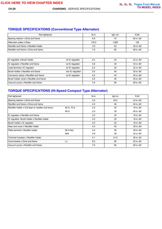 Pages From Manual
CH-28 CHARGING - SERVICE SPECIFICATIONS
IC regulator x Brush holder w/ IC regulator 2.5 25 22 in.-lbf
IC regulator x Rectifier end frame w/ IC regulator 3.9 40 35 in.-lbf
Lead terminal x IC regulator w/ IC regulator 2.5 25 22 in.-lbf
Brush holder x Rectifier end frame w/o IC regulator 3.9 40 35 in.-lbf
Connector clamp x Rectifier end frame w/ IC regulator 3.9 40 35 in.-lbf
Brush holder cover x Rectifier end frame 3.9 40 35 in.-lbf
Vacuum pump x Rectifier end frame 7.8 80 69 in.-lbf
TORQUE SPECIFICATIONS (Hi-Speed Compact Type Alternator)
Part tightened N-m kgf.cm ft-lbf
Bearing retainer x Drive end frame 2.6 26.5 23 in.-lbf
Rectifier end frame x Drive end frame 4.5 46 40 in.-lbf
Rectifier holder x Coil lead on rectifier end frame 60 A, 70 A 2.0 20 18 in.-lbf
80 A 2.9 30 26 in.-lbf
IC regulator x Rectifier end frame 2.0 20 18 in.-lbf
IC regulator. Brush holder x Rectifier holder 2.0 20 18 in.-lbf
Brush holder x IC regulator 2.0 20 18 in.-lbf
Rear end cover x Rectifier holder 4.4 45 39 in.-lbf
Plate terminal x Rectifier holder 80 A Nut 4.4 45 39 in.-lbf
Bolt 3.8 39 34 in.-lbf
Terminal insulator x Rectifier holder 4.1 41.5 36 in.-lbf
Cord bracket x Drive end frame LJ 6.0 60 53 in.-lbf
Vacuum pump x Rectifier end frame 7.8 80 69 in.-lbf
CLICK HERE TO VIEW CHAPTER INDEX
TO MODEL INDEX
TORQUE SPECIFICATIONS (Conventional Type Alternator)
Part tightened N-m kgf -cm ft-lbf
Bearing retainer x Drive end frame 6.9 70 60 in.-lbf
Alternator pulley x Rotor 176.5 1,800 136
Rectifier end frame x Rectifier holder 3.9 40 35 in.-lbf
Rectifier end frame x Drive end frame 7.8 80 69 in.-lbf
2L, 3L, 5L
 