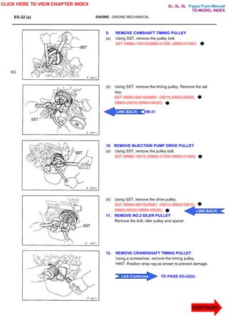 Pages From Manual
EG-22 (a) ENGINE - ENGINE MECHANICAL
EG
9. REMOVE CAMSHAFT TIMING PULLEY
(a) Using SST, remove the pulley bolt.
SST 09960-10010(09962-01000, 09963-01000)
(b) Using SST. remove the timing pulley. Remove the set
key.
SST 09950-50010(09951 -05010,09952-05020,
09953-05010,09954-05020)
10. REMOVE INJECTION PUMP DRIVE PULLEY
(a) Using SST, remove the pulley bolt.
SST 09960-10010 (09962-01000.09963-01000)
(b) Using SST, remove the drive pulley.
SST 09950-50010(09951 -05010,09952-05010.
09953-05020,09954-05020)
11. REMOVE NO.2 IDLER PULLEY
Remove the bolt, idler pulley and spacer.
12. REMOVE CRANKSHAFT TIMING PULLEY
Using a screwdriver, remove the timing pulley.
HINT: Position shop rag as shown to prevent damage.
CLICK HERE TO VIEW CHAPTER INDEX
CONTINUED
LINK BACK EM-31
Link Continues TO PAGE EG-22(b)
LINK BACK
TO MODEL INDEX
2L, 3L, 5L
 