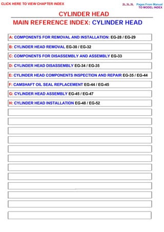 Pages From Manual
CYLINDER HEAD
CLICK HERE TO VIEW CHAPTER INDEX
A: COMPONENTS FOR REMOVAL AND INSTALLATION: EG-28 / EG-29
B: CYLINDER HEAD REMOVAL EG-30 / EG-32
C: COMPONENTS FOR DISASSEMBLY AND ASSEMBLY EG-33
D: CYLINDER HEAD DISASSEMBLY EG-34 / EG-35
E: CYLINDER HEAD COMPONENTS INSPECTION AND REPAIR EG-35 / EG-44
F: CAMSHAFT OIL SEAL REPLACEMENT EG-44 / EG-45
G: CYLINDER HEAD ASSEMBLY EG-45 / EG-47
H: CYLINDER HEAD INSTALLATION EG-48 / EG-52
MAIN REFERENCE INDEX: CYLINDER HEAD
TO MODEL INDEX
2L,3L,5L
 