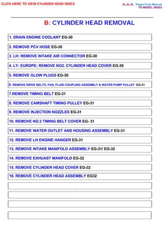 Pages From Manual
B: CYLINDER HEAD REMOVAL
CLICK HERE TO VIEW CYLINDER HEAD INDEX
1. DRAIN ENGINE COOLANT EG-30
2. REMOVE PCV HOSE EG-30
3. LH: REMOVE INTAKE AIR CONNECTOR EG-30
4. LY: EUROPE; REMOVE NO2. CYLINDER HEAD COVER EG-30
5. REMOVE GLOW PLUGS EG-30
6. REMOVE DRIVE BELTS, FAN, FLUID COUPLING ASSEMBLY & WATER PUMP PULLEY EG-31
7.REMOVE TIMING BELT EG-31
8. REMOVE CAMSHAFT TIMING PULLEY EG-31
9. REMOVE INJECTION NOZZLES EG-31
10. REMOVE NO.2 TIMING BELT COVER EG- 31
11. REMOVE WATER OUTLET AND HOUSING ASSEMBLY EG-31
12. REMOVE LH ENGINE HANGER EG-31
13. REMOVE INTAKE MANIFOLD ASSEMBLY EG-31/ EG-32
14. REMOVE EXHUAST MANIFOLD EG-32
15. REMOVE CYLINDER HEAD COVER EG-32
16. REMOVE CYLINDER HEAD ASSEMBLY EG32
TO MODEL INDEX
2L,3L,5L
 