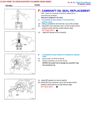 Pages From Manual
EG-44(b) ENGINE
F: CAMSHAFT OIL SEAL REPLACEMENT
HINT: There are 2 methods (A and B) to replace the oil
seal which are as follows:
REPLACE CAMSHAFT OIL SEAL
A. If camshaft oil seal retainer is removed from
cylinder head:
(a) Using a screwdriver and hammer, tap out the oil seal.
(b) Using SST and a hammer, tap in a new oil seal until its
surface is flush with the oil seal retainer edge.
SST 09223-46011
(c) Apply MP grease to the oil seal lip.
B. If camshaft oil seal retainer is installed to cylinder
head:
(a) Using a knife, cut off the oil seal lip.
(b) Using a screwdriver, pry out the oil seal.
NOTICE: Be careful not to damage the camshaft. Tape
the screwdriver tip.
CLICK HERE TO VIEW CHAPTER CYLINDER HEAD INDEX
(c) Apply MP grease to a new oil seal lip.
(d) Using SST and a hammer, tap in the oil seal until its
surface is flush with the oil seal retainer edge.
SST 09223-46011
TO MODEL INDEX
2L, 3L, 5L
 