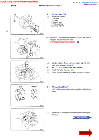 Pages From Manual
EG-46 ENGINE - ENGINE MECHANICAL
2. INSTALL VALVES
(a) Install these parts:
(1) Oil seal
(2) Valve
(3) Spring seat
(4) Valve spring
(5) Spring retainer
(b) Using SST, compress the valve spring and place the 2
keepers around the valve stem.
SST 09202-70020 (09202-00030)
(c) Using a plastic—faced hammer, lightly tap the valve
stem tip to assure a proper fit.
3. INSTALL VALVE LIFTERS AND SHIMS
(a) Install the valve lifter and shim.
(b) Check that the valve lifter rotates smoothly by hand.
4. INSTALL CAMSHAFT
HINT: Different the bearing are used for the No.1 and
others.
(a) Install the 10 bearings to the bearing caps and cylin-
der head.
EG
CLICK HERE TO VIEW CHAPTER INDEX
Link Continues
CONTINUED
CONTINUED
TO MODEL INDEX
2L, 3L, 5L
 