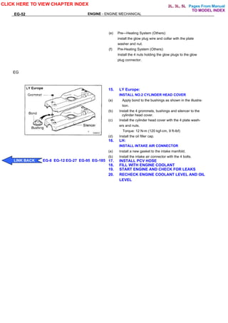Pages From Manual
EG-52 ENGINE - ENGINE MECHANICAL
(e) Pre—Heating System (Others):
install the glow plug wire and collar with the plate
washer and nut.
(f) Pre-Heating System (Others):
Install the 4 nuts holding the glow plugs to the glow
plug connector.
15. LY Europe:
INSTALL NO.2 CYLINDER HEAD COVER
(a) Apply bond to the bushings as shown in the illustra-
tion.
(b) Install the 4 grommets, bushings and silencer to the
cylinder head cover.
(c) Install the cylinder head cover with the 4 plate wash-
ers and nuts.
Torque: 12 N-m (120 kgf-cm, 9 ft-lbf)
(d) Install the oil filler cap.
16. LH:
INSTALL INTAKE AIR CONNECTOR
(a) Install a new gasket to the intake manifold.
(b) Install the intake air connector with the 4 bolts.
17. INSTALL PCV HOSE
18. FILL WITH ENGINE COOLANT
19. START ENGINE AND CHECK FOR LEAKS
20. RECHECK ENGINE COOLANT LEVEL AND OIL
LEVEL
EG
CLICK HERE TO VIEW CHAPTER INDEX
LINK BACK EG-8 EG-12 EG-27 EG-95 EG-185
TO MODEL INDEX
2L, 3L, 5L
 