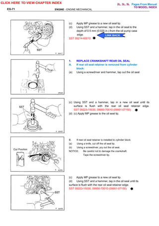 Pages From Manual
ENGINE - ENGINE MECHANICAL
EG-71
(c) Apply MP grease to a new oil seal lip.
(d) Using SST and a hammer, tap in the oil seal to the
depth of 0.5 mm (0.020 in.) from the oil pump case
edge.
SST 09214-60010
1. REPLACE CRANKSHAFT REAR OIL SEAL
A. If rear oil seal retainer is removed from cylinder
block:
(a) Using a screwdriver and hammer, tap out the oil seal.
(c) Using SST and a hammer, tap in a new oil seal until its
surface is flush with the rear oil seal retainer edge.
SST 09223-15030, 09950-70010 (09951-07150)
(d) (c) Apply MP grease to the oil seal lip.
B. If rear oil seal retainer is installed to cylinder block:
(a) Using a knife, cut off the oil seal lip.
(b) Using a screwdriver, pry out the oil seal.
NOTICE: Be careful not to damage the crankshaft.
Tape the screwdriver tip.
(c) Apply MP grease to a new oil seal lip.
(d) Using SST and a hammer, tap in the oil seal until its
surface is flush with the rear oil seal retainer edge.
SST 09223-15030, 09950-70010 (09951-07150)
CLICK HERE TO VIEW CHAPTER INDEX
LINK BACK
LINK BACK
LINK BACK
LINK BACK
TO MODEL INDEX
2L, 3L, 5L
 