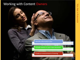 Working with Content Owners




                                                          YOU ARE A PUBLISHER
                   Identify information silos


                   Include owners in your new structure


                   Create an environment of sharing
 