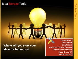 Idea Storage Tools




                                                            THE RIGHT TOOLS
                                            Evernote.com
                                             Spreadsheet
 Where will you store your                   Google Docs
                             WordPress Editorial Calendar
 ideas for future use?           Edit Flow for Wordpress
                                         DivvyHQ.com ($)
                                         Kapost.com ($$)
 