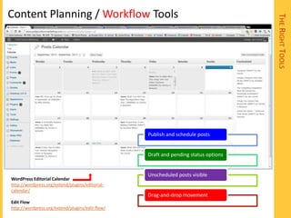 Content Planning / Workflow Tools




                                                                                    THE RIGHT TOOLS
                                                 Publish and schedule posts


                                                 Draft and pending status options


                                                 Unscheduled posts visible
WordPress Editorial Calendar
http://wordpress.org/extend/plugins/editorial-
calendar/
                                                 Drag-and-drop movement
Edit Flow
http://wordpress.org/extend/plugins/edit-flow/
 