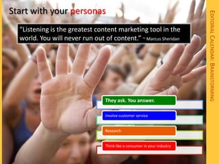 Start with your personas




                                                                          EDITORIAL CALENDAR: BRAINSTORMING
  “Listening is the greatest content marketing tool in the
  world. You will never run out of content.” ~ Marcus Sheridan




                                 They ask. You answer.

                                 Involve customer service


                                 Research


                                 Think like a consumer in your industry
 