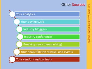 Other Sources




                                                 EDITORIAL CALENDAR: BRAINSTORMING
Your analytics

   Your buying cycle

     Industry bloggers

     Industry conferences

     Breaking news (newsjacking)

   Your news (flip the release) and events

Your vendors and partners
 