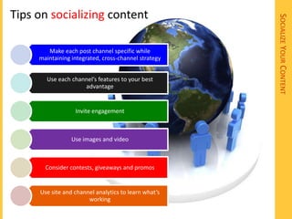 Tips on socializing content




                                                      SOCIALIZE YOUR CONTENT
        Make each post channel specific while
     maintaining integrated, cross-channel strategy


       Use each channel’s features to your best
                    advantage


                  Invite engagement



                 Use images and video



       Consider contests, giveaways and promos


     Use site and channel analytics to learn what’s
                       working
 