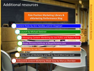 Additional resources




                                                                        RESOURCES FOR FURTHER READING
                 Pole Position Marketing Library &
                  eMarketing Performance Blog

       Content Rules by Ann Handley and CC Chapman

          Launch by Michael Stelzner

            Managing Content Marketing by Joe Pullizi and Robert Rose

            Buyer Persona Institute at BuyerPersona.com

            Optimize by Lee Odden

          New Rules of Marketing and PR by David Meerman Scott

       Inbound & Content Marketing Made Easy by Marcus Sheridan
 
