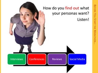 BEFORE YOU START THE MARATHON…
                       How do you find out what
                           your personas want?
                                         Listen!




Interviews   Conferences   Reviews   Social Media
 