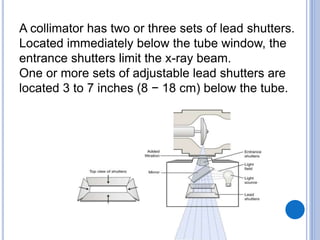 A collimator has two or three sets of lead shutters. 
Located immediately below the tube window, the 
entrance shutters limit the x-ray beam. 
One or more sets of adjustable lead shutters are 
located 3 to 7 inches (8 − 18 cm) below the tube. 
 