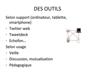 DES OUTILS
Selon support (ordinateur, tablette,
  smartphone)
- Twitter web
- Tweetdeck
- Echofon…
Selon usage
- Veille
- Discussion, mutualisation
- Pédagogique
 