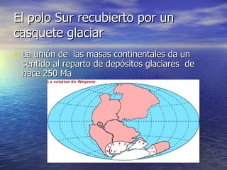 El polo Sur recubierto por un casquete glaciar  La unión de  las masas continentales da un sentido al reparto de depósitos glaciares  de hace 250 Ma 