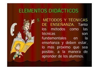 ELEMENTOS DIDÁCTICOS
5. MÉTODOS Y TÉCNICAS
DE ENSEÑANZA. Tanto
ENSEÑANZA.
los métodos como las
técnicas
son
fundamentales
en
la
enseñanza y deben estar,
lo más próximo que sea
posible, a la manera de
aprender de los alumnos.
alumnos.

 
