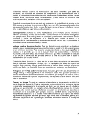 sentencias literales favorece la memorización (de datos concretos) por parte del
estudiante, en ocasiones sin contextos de comprensión y de argumentación. Por lo
demás, es difícil incorporar normas absolutas de veracidad o falsedad en relación con los
saberes. Para contrarrestar estos inconvenientes, puede pedirse al estudiante que
explique por qué es verdadera o falsa su respuesta.

Cuando la pregunta es simple, es decir, sin explicación, la probabilidad de acertar es del
50% aunque no se tenga el conocimiento. Esto hace muy difícil que se puedan determinar
las causas de los aciertos o de los errores. De igual manera, el que un estudiante marque
falso no garantiza que sepa la respuesta verdadera.

Correspondencia. Ésta es una forma modificada de opción múltiple. En una columna se
listan las premisas y en otra las respuestas. Se recomienda incluir material homogéneo,
por ejemplo, listas de autores y obras; de conceptos y definiciones. Usar listas de tamaño
razonable y ubicar las respuestas a la derecha para facilitar la lectura y la
correspondencia. Las respuestas pueden ser usadas más de una vez, lo cual reduce la
posibilidad de que la respuesta sea por tanteo.

Lista de cotejo o de comprobación. Éste tipo de instrumento consiste en un listado de
todos los pasos o aspectos relevantes para el logro de un objetivo. Es útil para comprobar
si hay omisiones o errores. Para asegurar un uso provechoso se tiene que especificar el
proceso o el producto que se va a evaluar, listar las características o elementos
importantes, incluir en la lista los errores o deficiencias que hacen inaceptable el producto
o que anulen la efectividad del proceso, ordenar la lista de acuerdo con el objeto o
procedimiento que se va a evaluar.

Cuando las listas de control o cotejo se van a usar como seguimiento del estudiante,
durante prácticas, laboratorios, clínicas, etc., es necesario que ellas den cuenta de
objetivos determinados y útiles al seguimiento que se realiza, deben contener la fecha del
registro, ser ágiles y en lo posible deben ser conocidas con antelación por el estudiante.

Trabajos o productos. Elaboración de textos, maquetas, proyectos etc. Usualmente son
a largo plazo y se hacen por fuera de los horarios de clase. Para que este proceso sea
efectivo es necesario establecer criterios o lineamientos que marquen las normas para su
realización, además de explicitar los propósitos y los requisitos que se tendrán en cuenta
para su evaluación.

Examen por temas. Consiste en presentar al estudiante un tema -asunto- solicitándole
que lo desarrolle libremente. Para su elaboración es conveniente tener en cuenta planear
y desarrollar cuidadosamente la pregunta, es decir, qué se espera que el estudiante
realice y con qué intención, por ejemplo: señale, identifique la tesis, plantee dos fórmulas
diferentes, etc; permitir que los estudiantes conozcan con antelación qué aspectos se
consideran en la evaluación, por ejemplo: precisión, claridad, calidad argumentativa,
interpretación propositiva. Si la prueba versa sobre el análisis, que exprese de manera
argumentada sus puntos de vista, que tenga algo nuevo para el estudiante, pero que su
resolución dependa de los aprendizajes anteriores. Finalmente calcular el manejo de
tiempo.




                                                                                          36
 