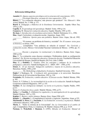 Referencias bibliográficas

Ausubel, D. Algunos aspectos psicológicos de la estructura del conocimiento. 1973.
__________ Psicología Educativa: un punto de vista cognoscitivo. 1976.
Blanco, L. “La evaluación educativa, más proceso que producto”. En: Educació i Món
Actual, Madrid. No. 3 1996. p. 173.
Beard, R. Pedagogía y Didáctica de la Enseñanza Universitarias. España: Oikos Tau,
1974. p. 262.
Capella, R. El aprendizaje del aprendizaje. Madrid: Trotta. 1995 p.114.
Casanova, M. Manual de evaluación educativa. España: Muralla, 1995. p 252.
De Juan, J. Introducción a la enseñanza universitaria. Madrid: Dykinnson, S. L., 1996.
Díaz, Ángel. Currículum y evaluación escolar. Argentina: Aique, 1993.
__________ Didáctica: Aportes para una polémica. Buenos Aires: Aique, 2da ed, 1992.
p.63.
__________ “El examen: un problema de historia y sociedad”. En: El examen: textos para
su historia y su debate, 1993.
__________ (compilador) “Una polémica en relación al examen”. En: Currículo y
evaluación escolar, México: Universidad Nacional Autónoma de México. (1994). pp. 31-
52
_________. Docente y programa: Lo institucional y lo didáctico. Buenos Aires: Aique,
1995. p.154.
Díaz, F. “La evaluación como discurso estratégico: Problemática desde su configuración
histórica". En: Revista investigación educativa y formación docente. Facultad de Educación
Universidad del Bosque, Santafé de Bogotá. (No.5-6). (Año 2-2000)
Díaz, O. y Ordóñez, C. Estudios sobre los conceptos y enfoques de la evaluación
pedagógica y educativa. Santafé de Bogotá, D. C. : IDEP, 1997 – 1998. p.192.
Eisner, E. El ojo ilustrado: Indagación cualitativa y mejora de la práctica educativa.
Barcelona: Paidós, 1998. p.305
__________. The Methodology of Qualitative Evaluation. Stanford University, 1981.
Espín,J. y Rodríguez, M. L’avaluació dels aprenentatges a la universitat. Barcelona:
Publicacions de la Universitat de Barcelona, 1993. p. 124.
Fernández, M. Evaluación y cambio educativo: El fracaso escolar. Madrid: Morata, 1986.
p. 302.
Franco, N. Y Ochoa, L. La racionalidad de la acción en la evaluación. Santafé de Bogotá:
Cooperativa Editorial Magisterio, 1997. p. 155.
Gardner, H. Las inteligencias múltiples: La teoría en la práctica. España: Paidós, 1995.
p.313.
House, E. Evaluación ética y poder. Madrid: Morata, 1994. p.271.
Jorba, J. y Casellas, E. (Editores) La regulación y la autoregulación de los aprendizajes.
Madrid: Síntesis, 1997. p. 239.
Kaplan, C. Buenos y malos alumnos. Buenos Aires: Aique,1994. p.83.
Klopfer, L. y Rasnick, L. (Compiladores) Currículo y cognición. Argentina: Aique, p.335.
Macdonald, B, Pérez, G. y Sacristán, G. La Evaluación: su teoría y su prácticas. Madrid:
Laboratorio educativo, 1985. p.139.
Morin, E. “Sobre la reforma de la Universidad”. En: La Universidad en el cambio de
siglo. Compiladores: Porta, J y Lladonosa, M. Madrid: Alianza,1998. p. p. 19-29.
Norman, G. Wakefield, J. Shannon, S. (1995). Métodos de Evaluación: Manual de


                                                                                       42
 