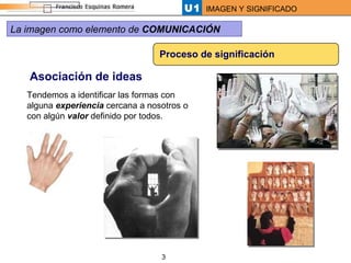 Proceso de significación Asociación de ideas Tendemos a identificar las formas con alguna  experiencia  cercana a nosotros o con algún  valor  definido por todos. La imagen como elemento de  COMUNICACIÓN 