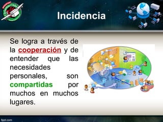 Incidencia
Se logra a través de
la cooperación y de
entender que las
necesidades
personales, son
compartidas por
muchos en muchos
lugares.
 